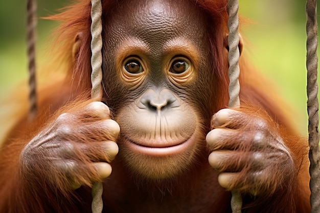Endangered bornean orangutan in the rocky habitat pongo pygmaeus wild animal behind the bars beautif