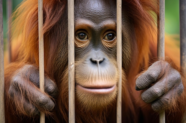 Endangered bornean orangutan in the rocky habitat pongo pygmaeus wild animal behind the bars