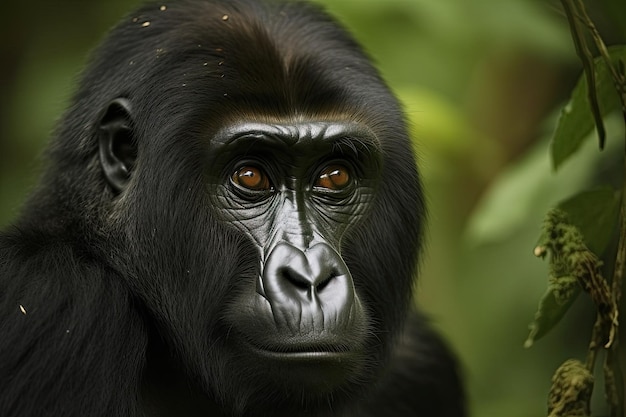 Находящаяся под угрозой исчезновения горилла бродит по своей естественной среде обитания, защищая дикую природу в джунглях