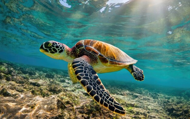 Foto una tartaruga marina verde hawaiana in via di estinzione naviga nelle calde acque dell'oceano pacifico alle hawaii