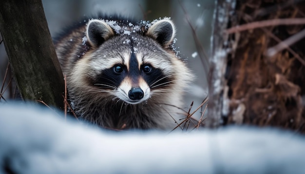 Endangered red panda sitting on snowy branch generated by AI