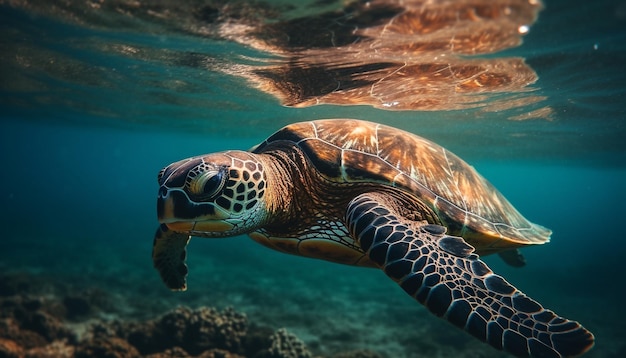 Endangered sea turtle swims in tranquil blue reef below sand generated by AI