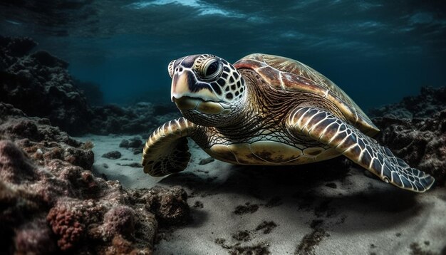 Endangered sea turtle swims in tranquil reef showcasing natural beauty generated by artificial intelligence