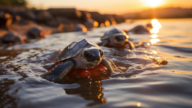 Endangered young baby turtles in warm evening sunlight being released at a beach in Sri Lanka fight