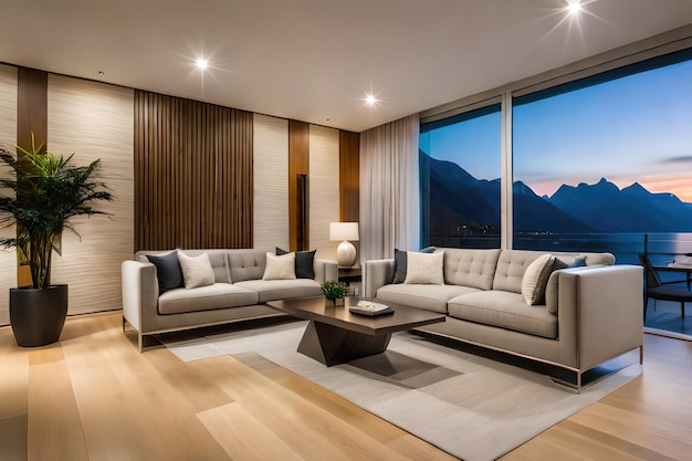 endant lights hanging on ceiling in modern kitchen and cushions arranged on sofa in living room