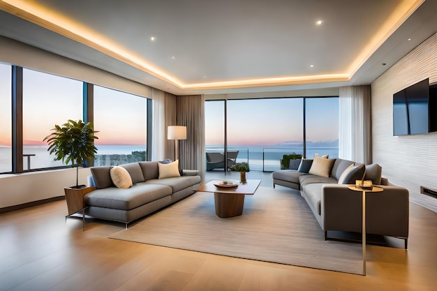 endant lights hanging on ceiling in modern kitchen and cushions arranged on sofa in living room