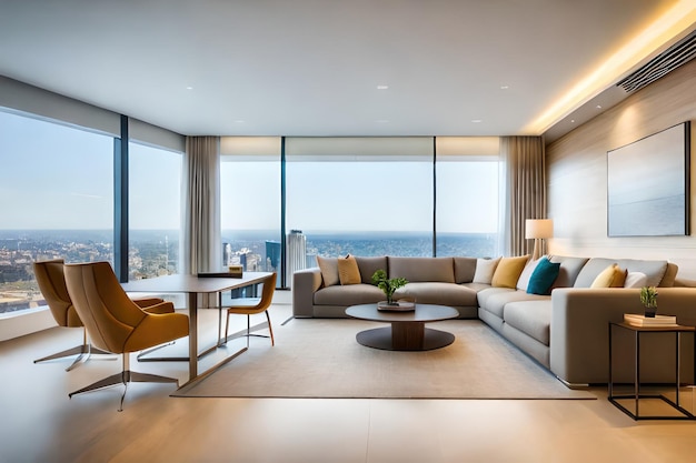 endant lights hanging on ceiling in modern kitchen and cushions arranged on sofa in living room