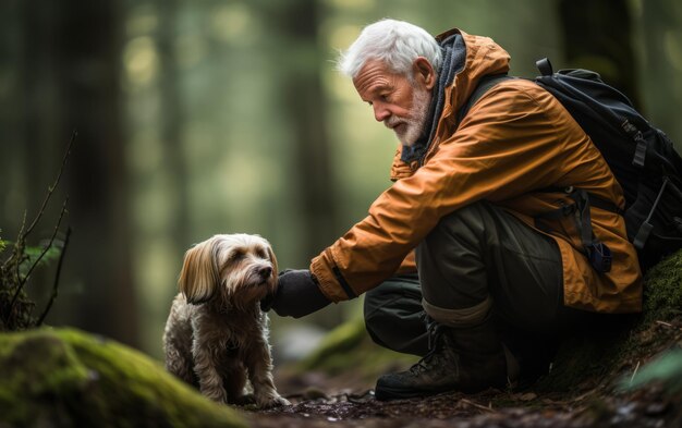 An Endearing Adventure Elderly Person and Puppy Exploring the Forest Trail