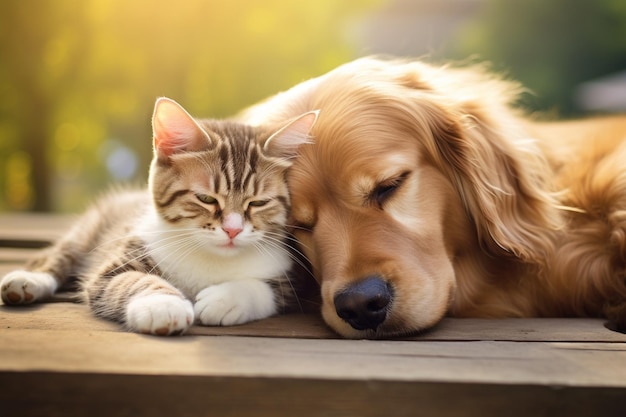 Милый образ кошки и собаки, мирно сосуществующих и проявляющих взаимное уважение, способствующих гармонии.