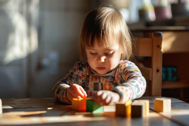 An endearing image of a child with Down syndrome engaged in block collection on the table highlighting their focused and joyful exploration