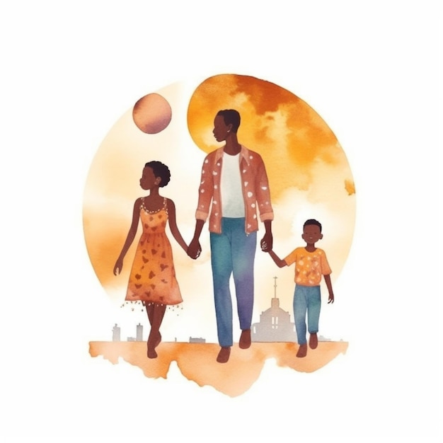 Увлекательное акварельное изображение чернокожей семьи, проявляющей любовь и теплоту