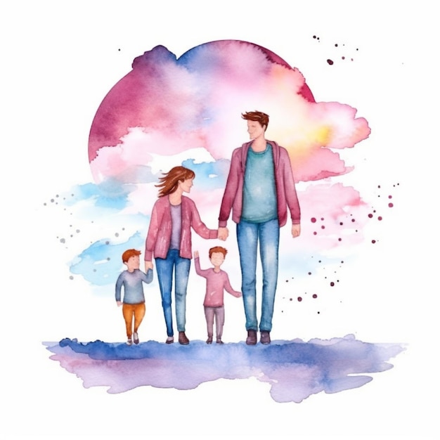 An endearing watercolor depiction of a white family displaying love and warmth