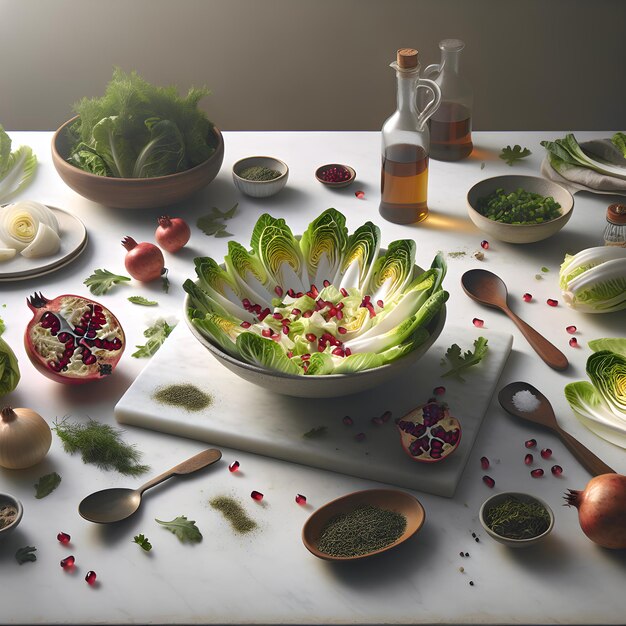 Photo endive and pomegranate salad on white marble counter