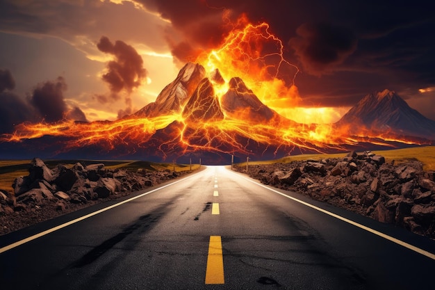 Фото Бесконечная черная прямая дорога с большой горой и активным вулканом на заднем плане
