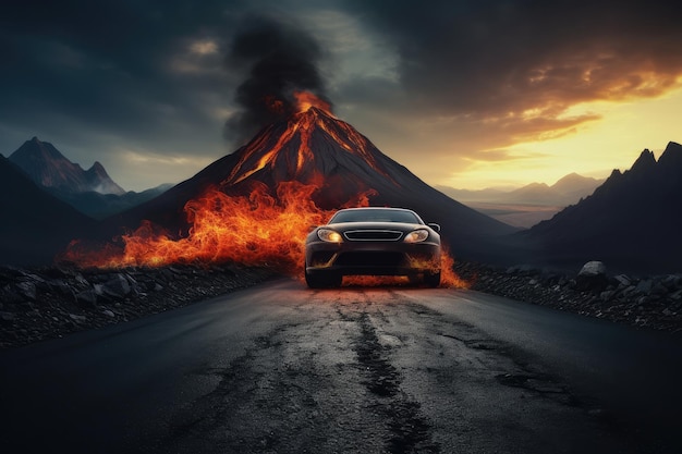 Endless black straight road with an active vulcano and car going fast way from it