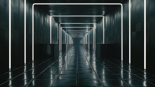 Endless corridor with neon lines tending down