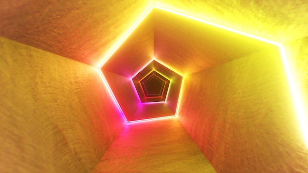 Volo senza fine nel corridoio con una curva al neon laser. moderna illuminazione ultravioletta. illustrazione 3d