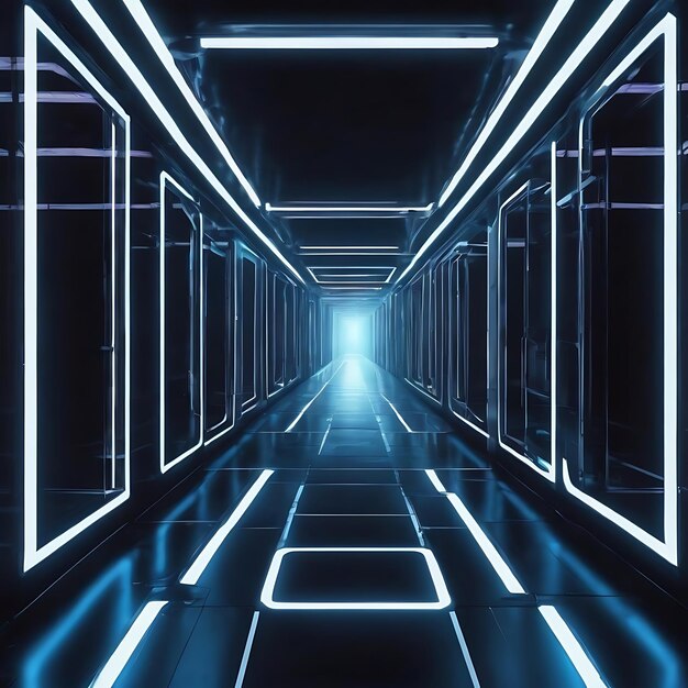 Endless flight in a futuristic dark corridor with neon lighting a bright neon square in front