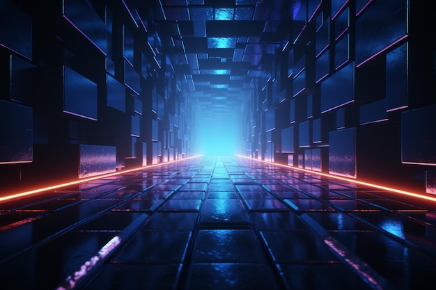Endless flight in a neonadorned corridor ending at a luminous square