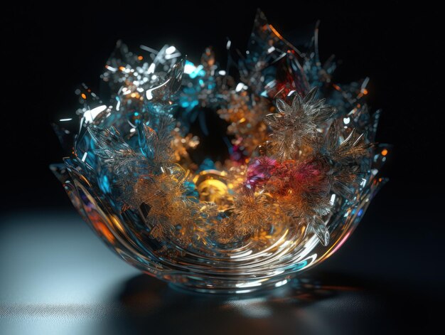 Бесконечные фракталы, сделанные из прозрачных многоцветных кристаллов, природных драгоценных камней, генеративной технологии ИИ.