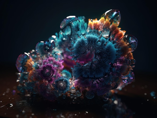Бесконечные фракталы, сделанные из прозрачных многоцветных кристаллов, природных драгоценных камней, генеративной технологии ИИ.