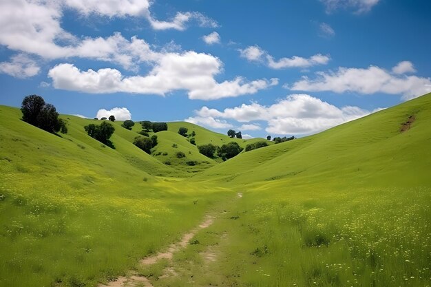 Endless Green Fields panoramic landscape with green rolling hills in spring sunny morning Summer sunny background with blue sky and green meadow