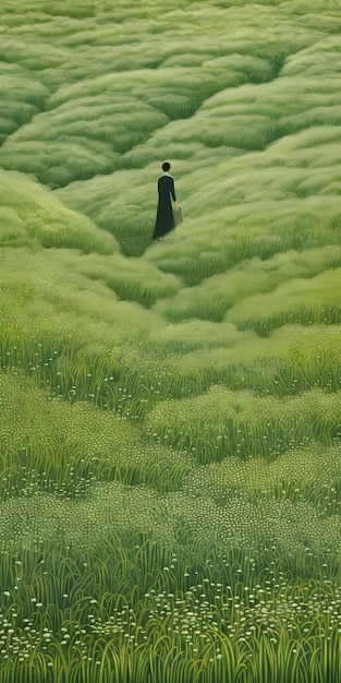 Endless Lawn Hauntingly Beautiful Illustration Of A Person Walking In A Green Field