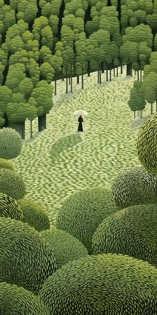 Endless Lawn A Monochromatic Geometry Painting Of A Young Woman In A Green Forest
