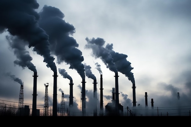 Endless Line of Smoke Stacks Releasing Dark Plumes