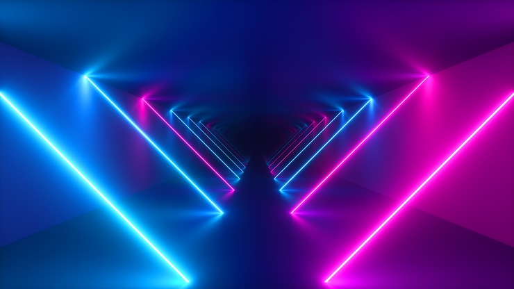 Photo endless metal tunnel with neon lights