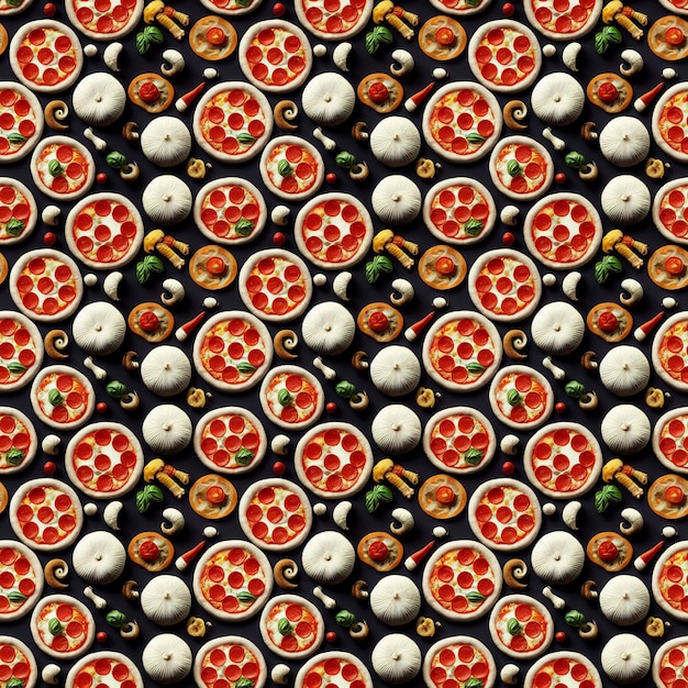 Endless pattern mushroom pizza slices layout flatlay