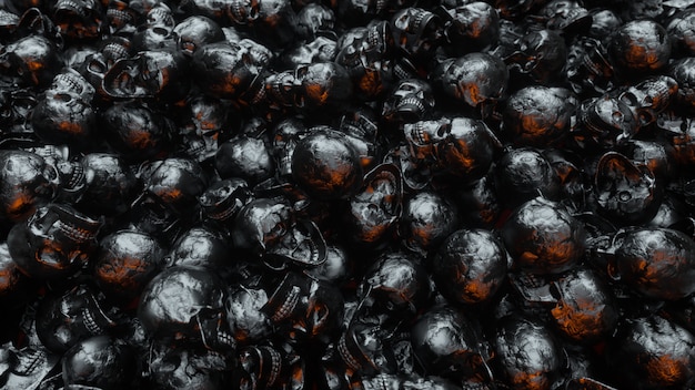 Endless pile of black textured human skulls