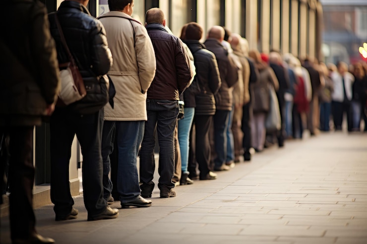Photo endless queue on city sidewalk
