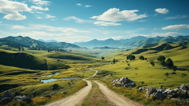 Endless road along green grasslands