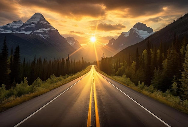 endless road through the mountains with a sunny sky in the style of native american