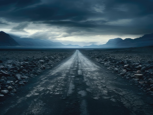 Endless road with a lot of rock and dark environment