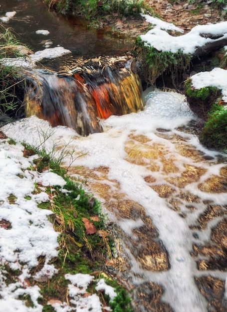 Endless stream at winter. Fast mountain river close-up. Karelia, Russia