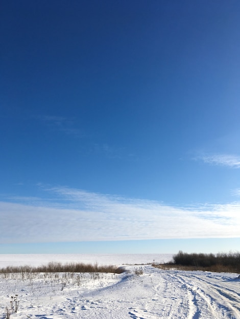 Foto infinito paesaggio invernale in una giornata di sole con cielo blu