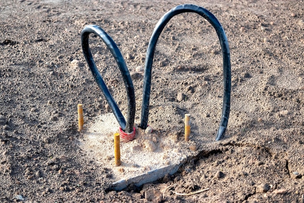 The ends of the electrical cable in the trench electrical cable installation Foundation for lighting stub Electrical wiring for city lighting Construction works