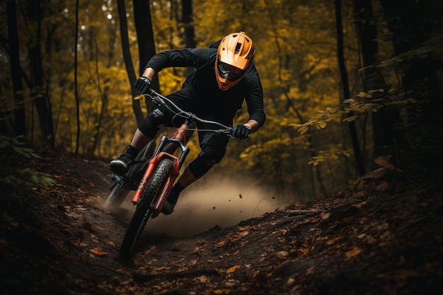 Enduro racer riding fast extreme motocross race in dark forest Dirtbiker risky driving in wooded area Generative AI