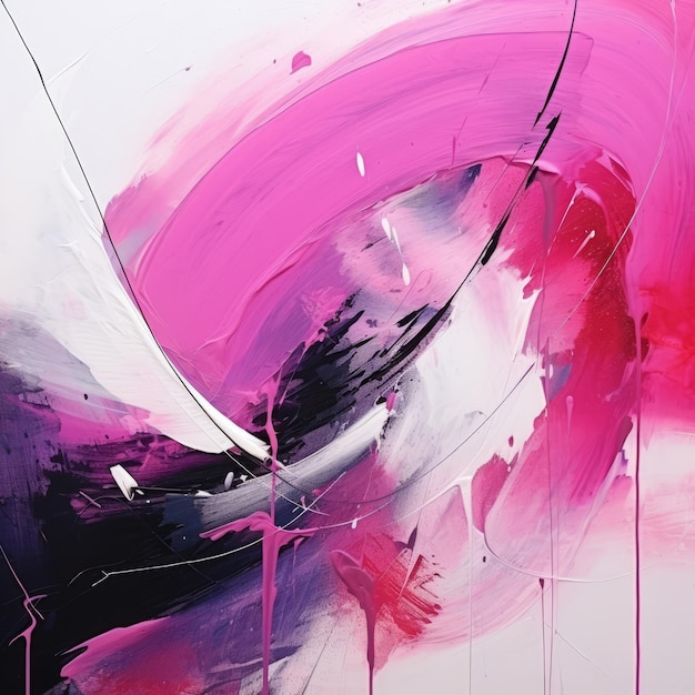 エネルギーのある抽象的な白とピンクの絵画とマジェンタのアクセント