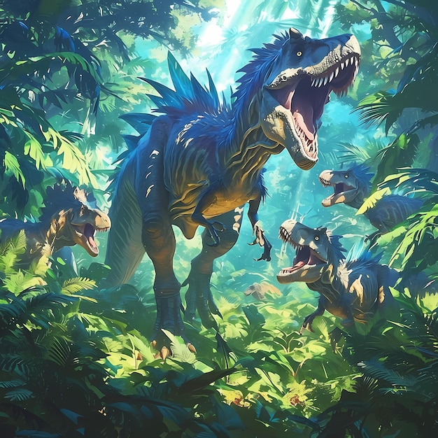 Energetic Allosaurus Pack in a Rainy Jungle