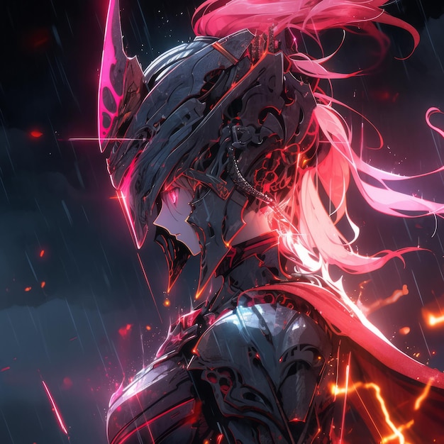Energetic anime warrior adorned in electrifying armor blending neon hues Created using Generative AI