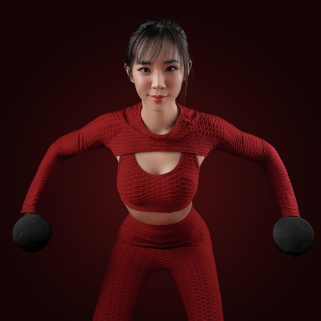 Энергичная азиатская женщина в красной спортивной одежде тренируется в студии. Молодая сильная модель занимается аэробикой с гантелью. Уход за кожей.