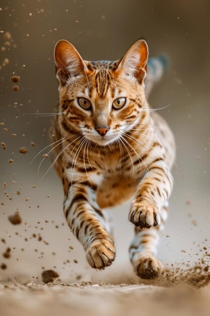 Foto il gatto del bengala energico carica in avanti con determinazione movimento dinamico azione colpo su dusty