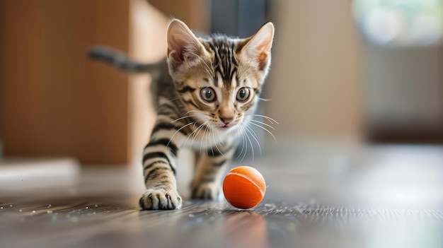 Energetic Bengal kitten leaping after a bouncing ball highlighting