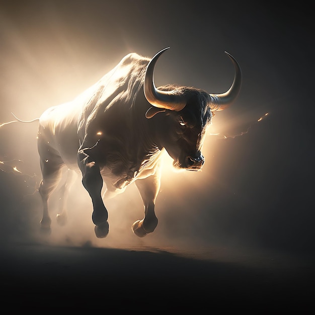 An energetic bull with big horn running into battle against a dusty glow