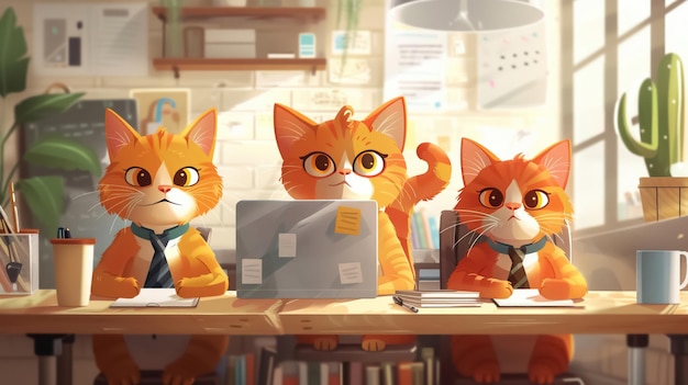 Energetic cartoon cats in ties planning projects with a laptop and notepads