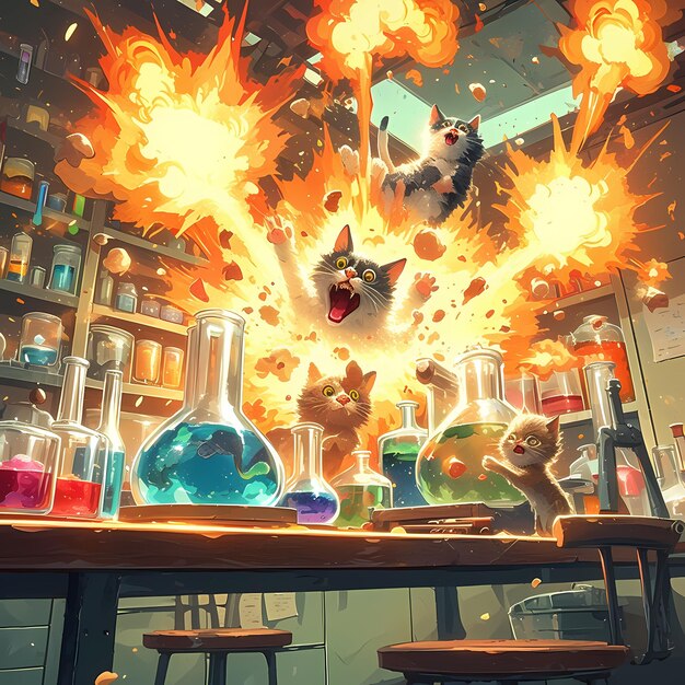 Energetic Cats in Lab Explosion Stock Art