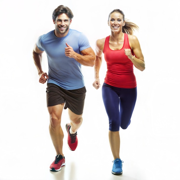 Energetic couple jogging together in sportswear